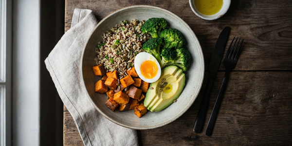 Бърза рецепта за bowl с яйце, авокадо, броколи, сладък картоф и киноа